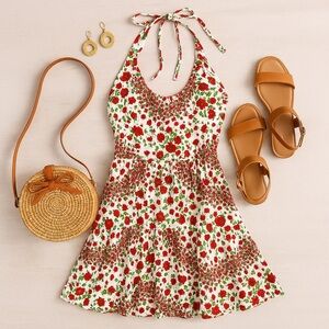 H&M | Red Rose Floral Halter Dress – Size 8 (100% Rayon)